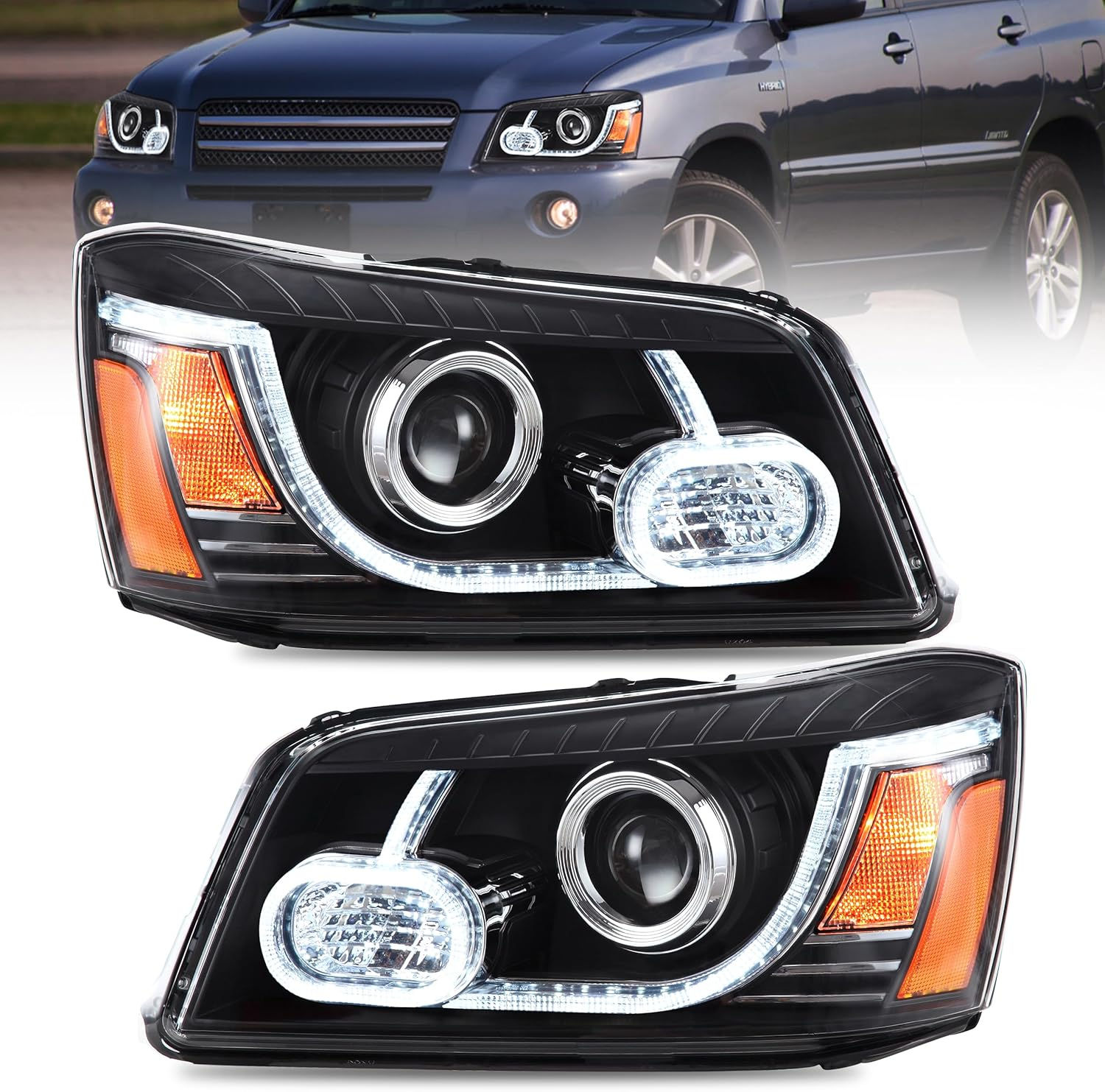 VLAND Headlight Assembly Fit for 2001-2007 Toyota Highlander 1th Gen, Projector