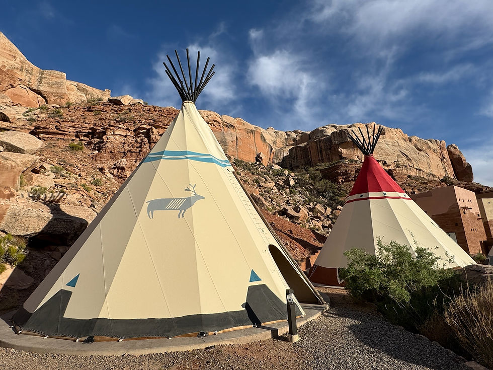 High angle view of a cozy tipi at Bluff Dwellings