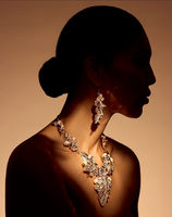 Portrait de profil d'une femme avec bijoux en contre-jour chaud, reproduit lors d'un stage photo studio près de Lille.