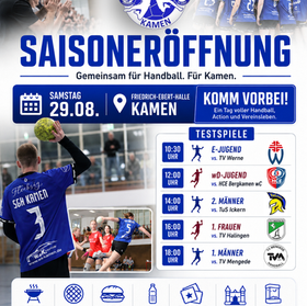 Poster zur Saisoneröffnung der SG Handball Kamen am 29. August 2026 in der Friedrich-Ebert-Halle Kamen mit fünf Testspielen und Familienprogramm.