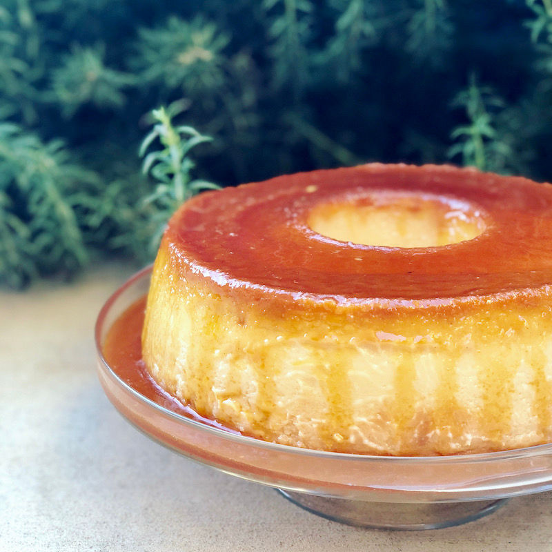Portuguese flan in front of bush of green pines