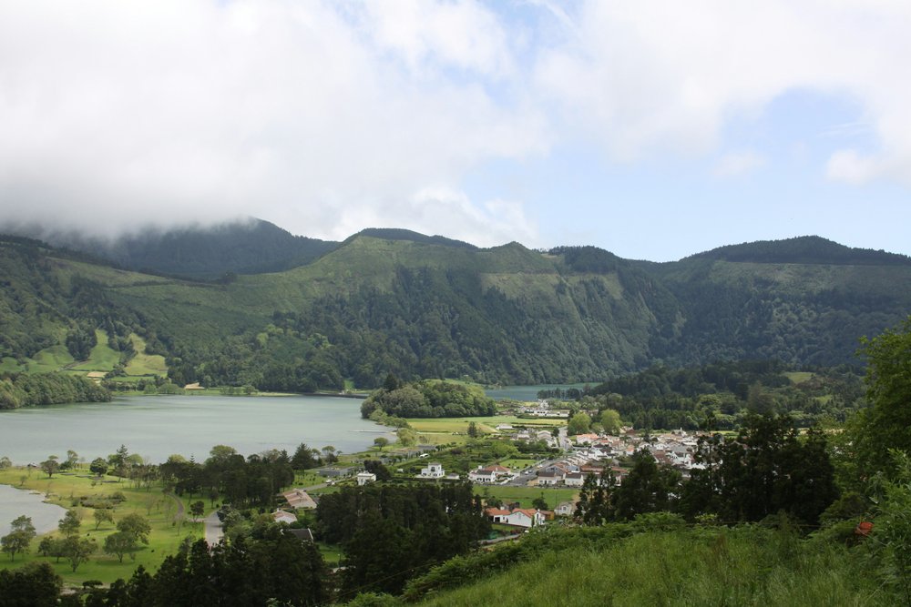 Aerial view of the town of Sete Cidades in Sao Miguel, Azores