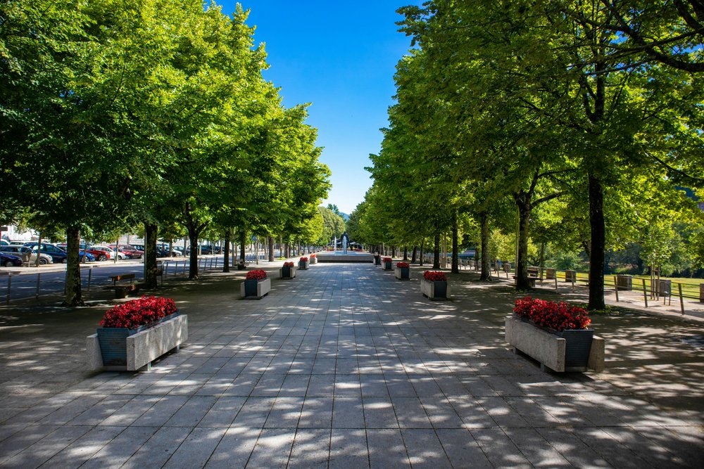 main paved promenade lined by flower boxes in Arcos de Valdevez, Portugal