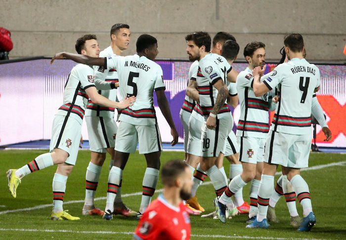 Seven of Portugal's Euro 2020 squad on the field in a qualifier match