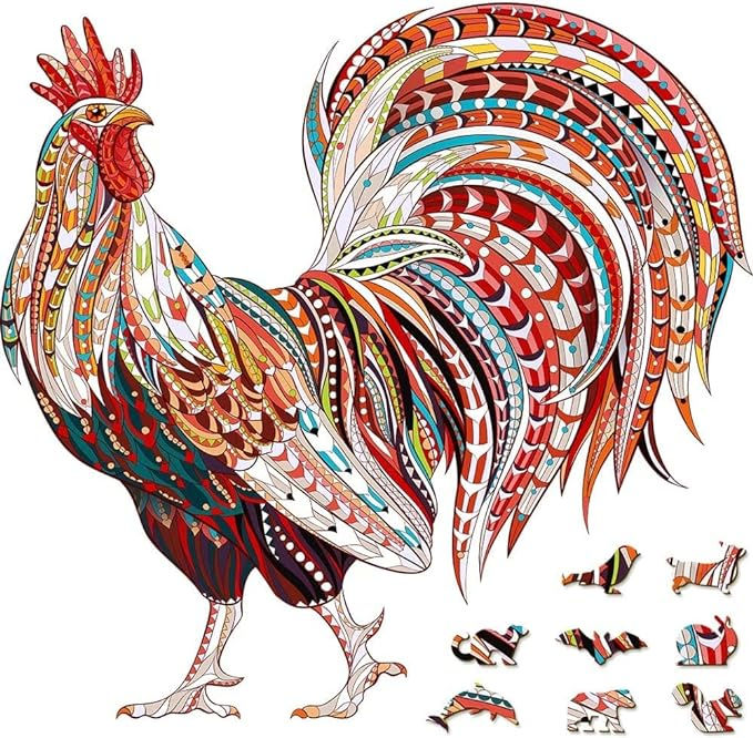 Puzzle in the shape of a rooster with intricate pattern designs