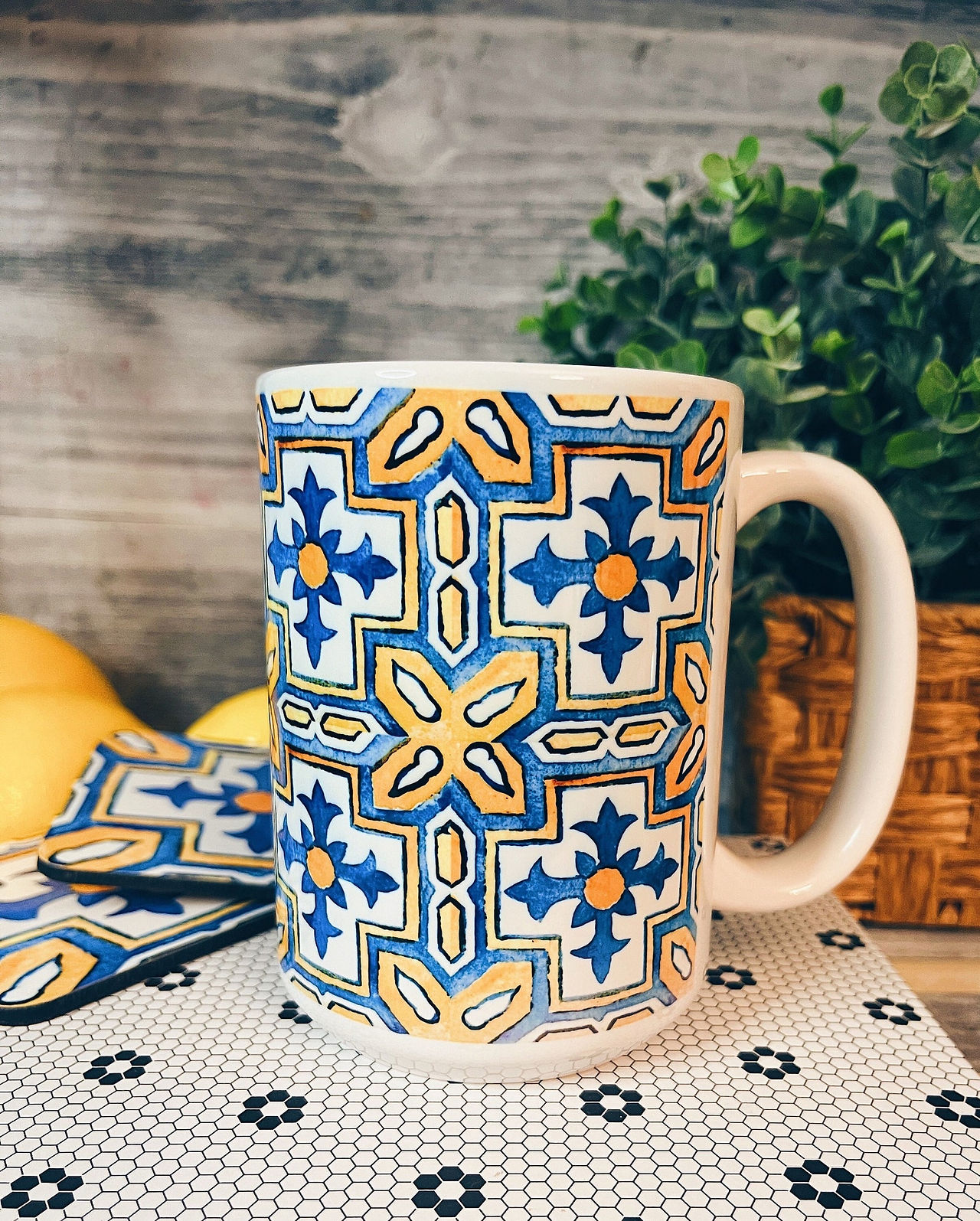 Portuguese blue and yellow tile mug