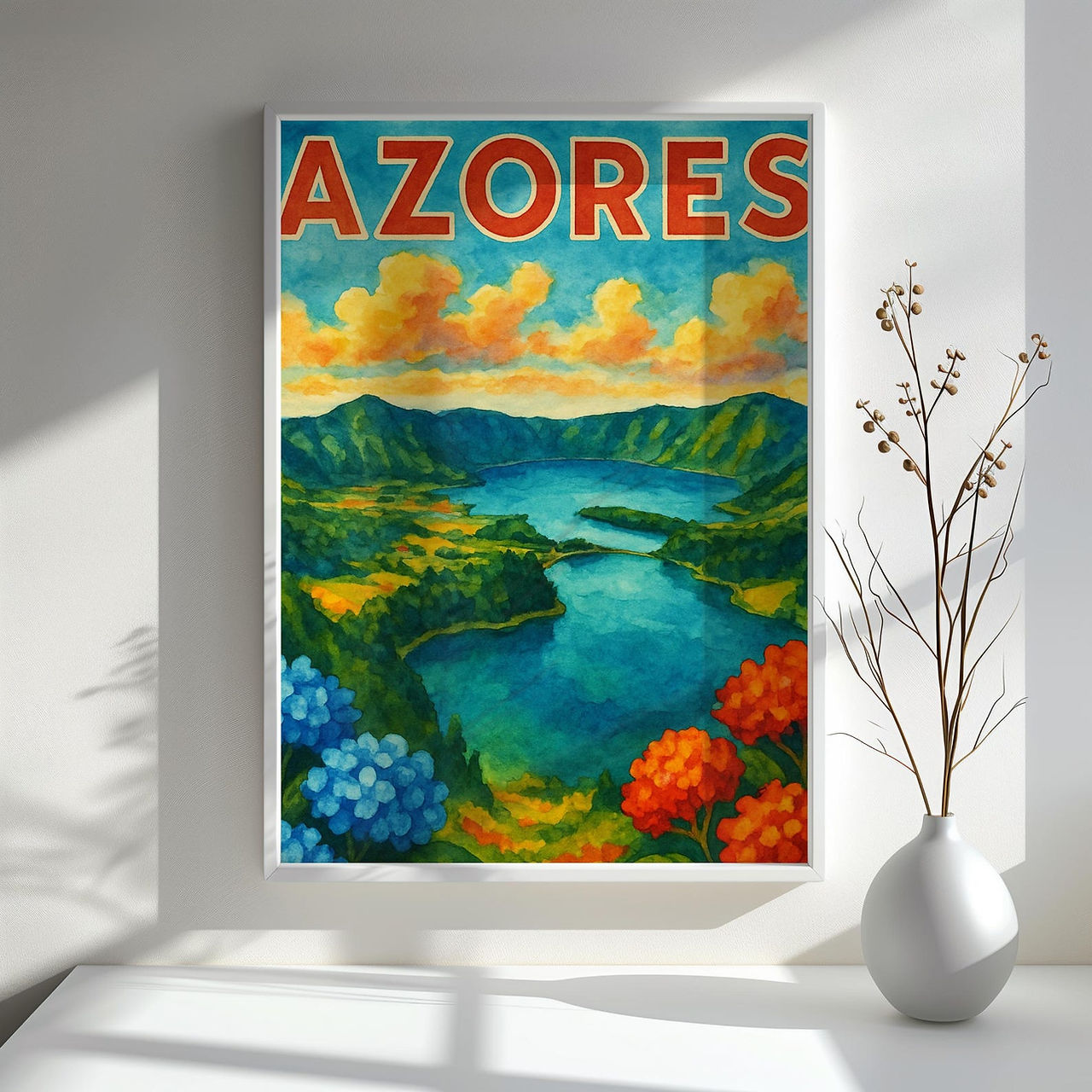 Travel poster that says Azores. Design is a watercolor illustration of the Sete Cidades lakes in Sao Miguel island.