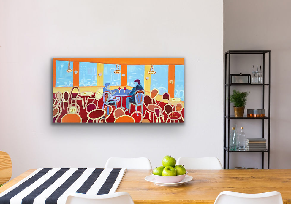 Thumbnail: stripes table cloth with dark blue and white. Plate with granny smith apples. Small painting with people in Montparnasse