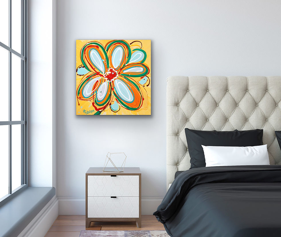 Thumbnail: a modern painting of a yellow flower is hanging next to a bed above the side table
