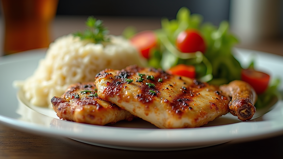 Eye-level view of a plate of grilled chicken served with rice and vegetables