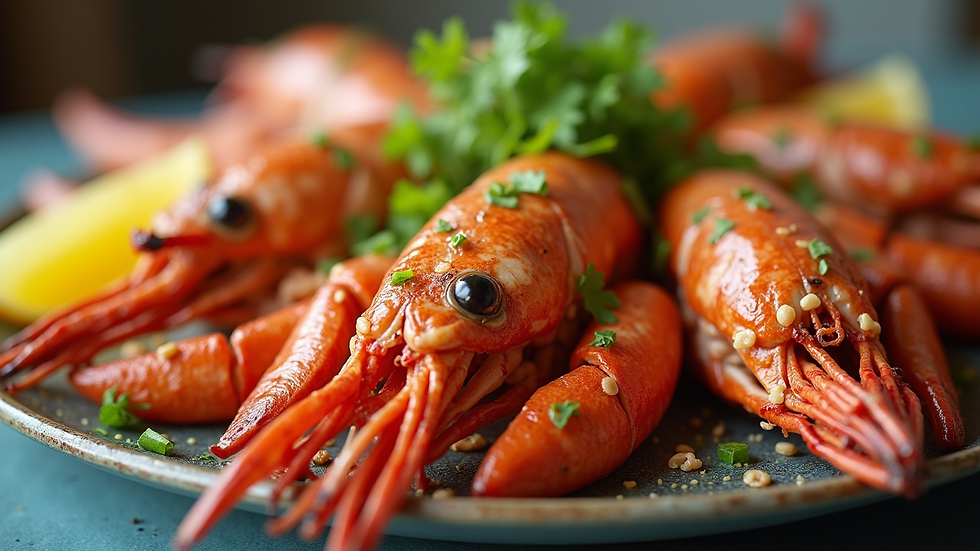 Close-up view of a colorful grilled seafood platter with tropical garnishes