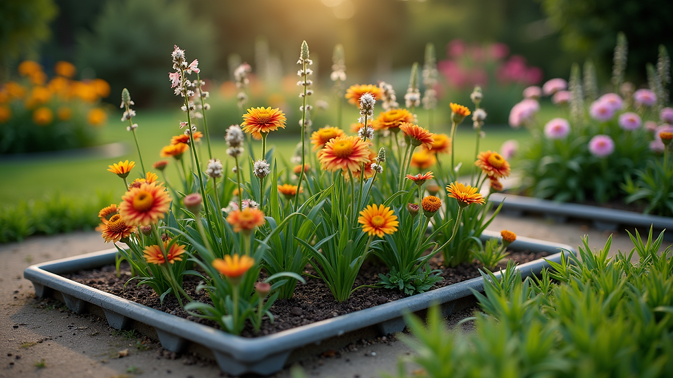 High angle view of a garden bed with metal edging and colorful flowers