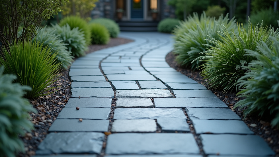 High angle view of a blue slate driveway surrounded by lush greenery