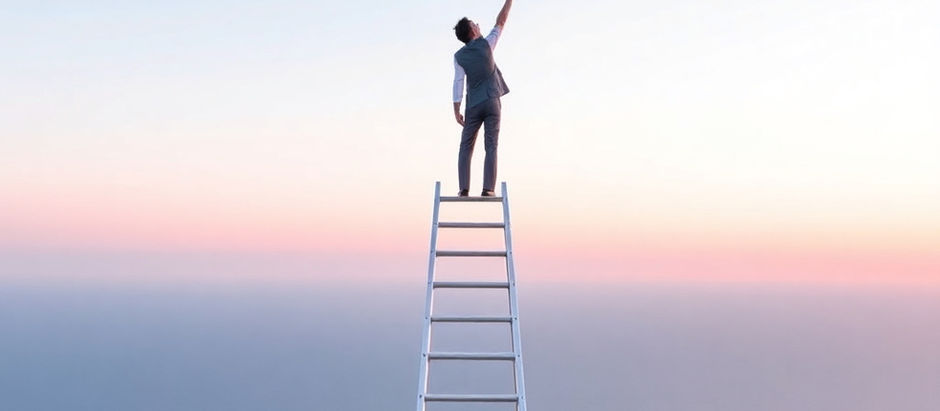 It is sunrise. A figure dressed in business casual clothes stands on the top rung of a ladder, one arm out stretched joyouslyto the sun, having reached a goal.