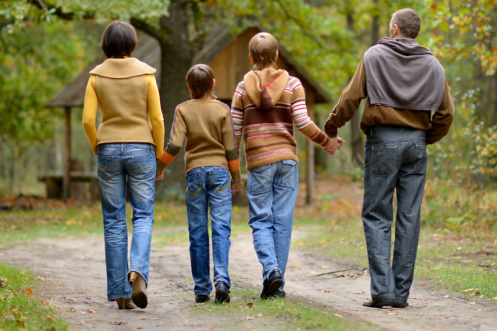 A family strolls hand in hand along a forest path, enjoying a peaceful time together after dinner.