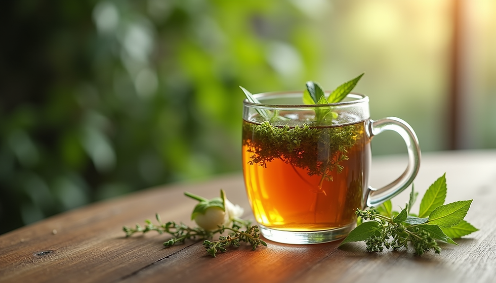 A glass cup of herbal tea with mint sprigs on a wooden table. Soft sunlight filters through creating a tranquil mood.