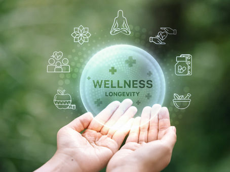Hands support a visualization of wellness, surrounded by icons representing mental health, fitness, balance, etc..