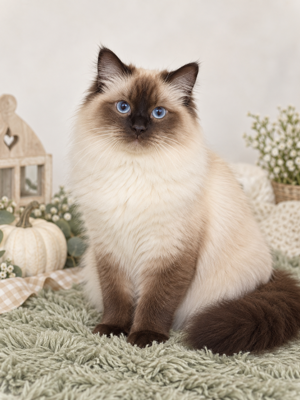 Adult seal point Ragdoll cat with warm brown points and blue eyes