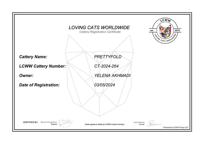 LCWW cattery registration certificate for PrettyFold, registered in 2024