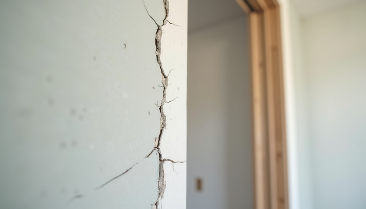 Close-up view of a cracked drywall corner in a new home interior