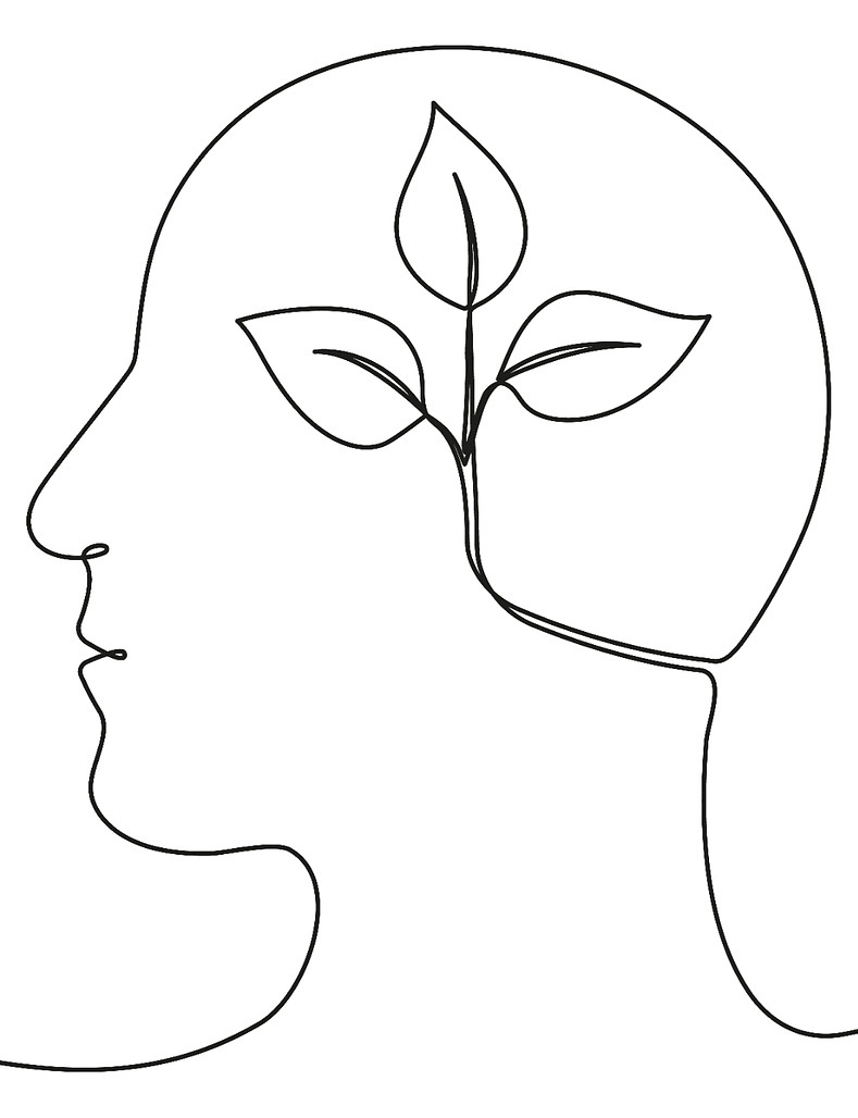 Drawing of person's head with a plant sprouting in it
