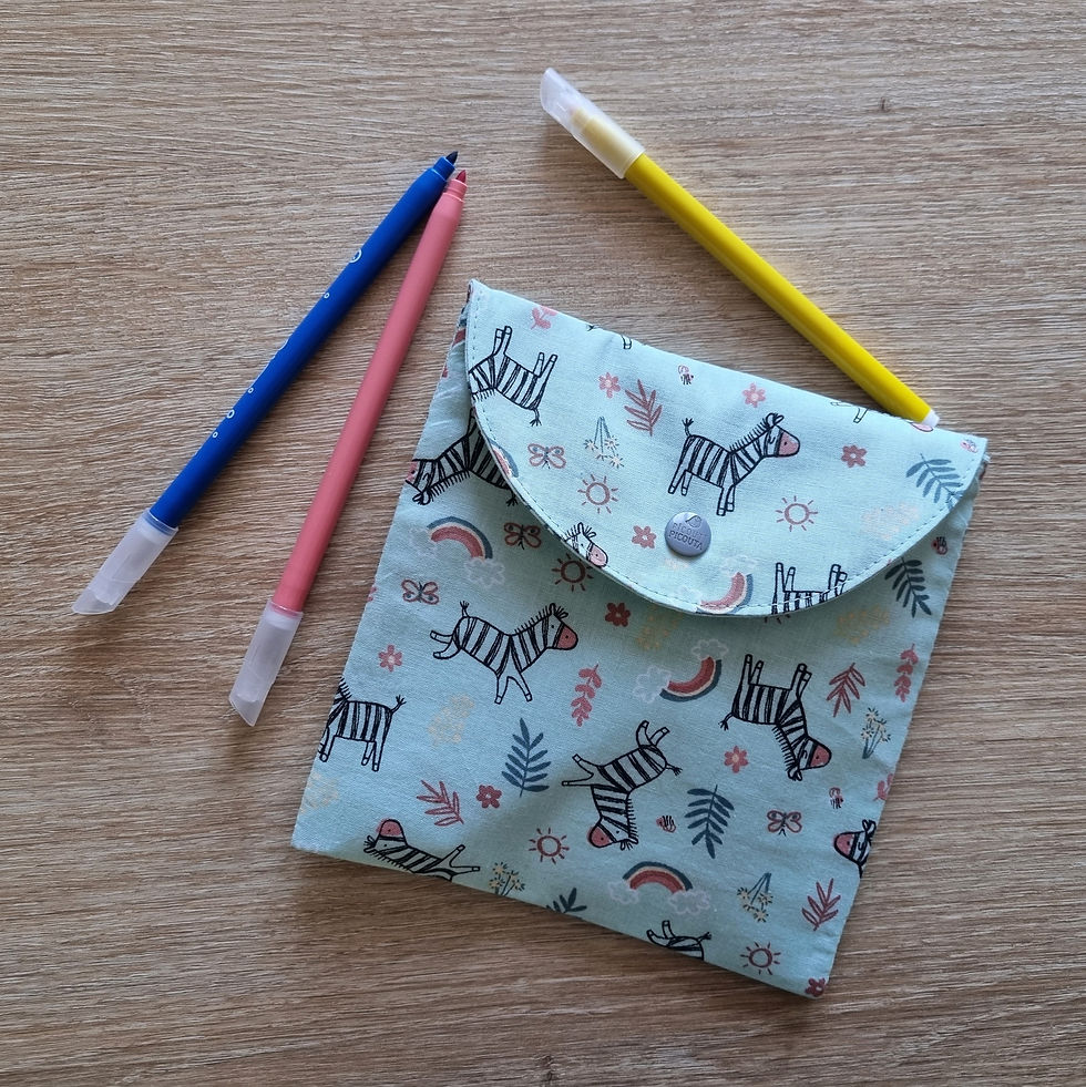 Miniature : Pochette à feutres, modèle zèbres et arc-an-ciel, vert pastel, fermée avec pression