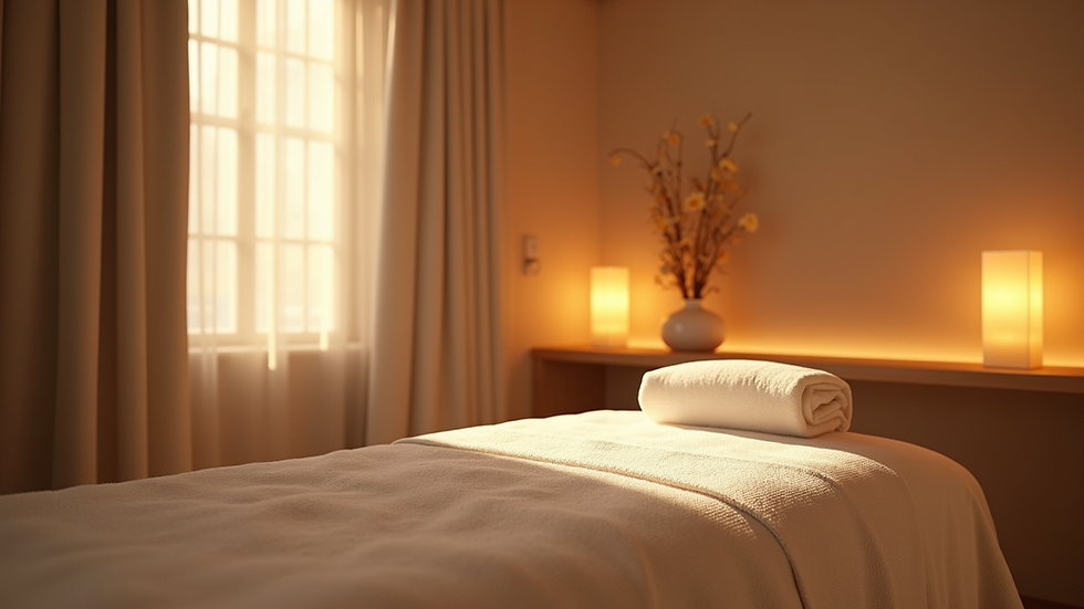 Eye-level view of a massage room with soft lighting and a massage table