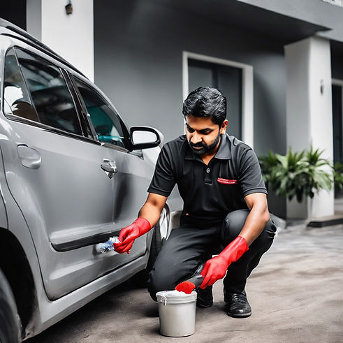 An Indian professional cleaner wearing a black t-shirt and lower wiping down or polishing
