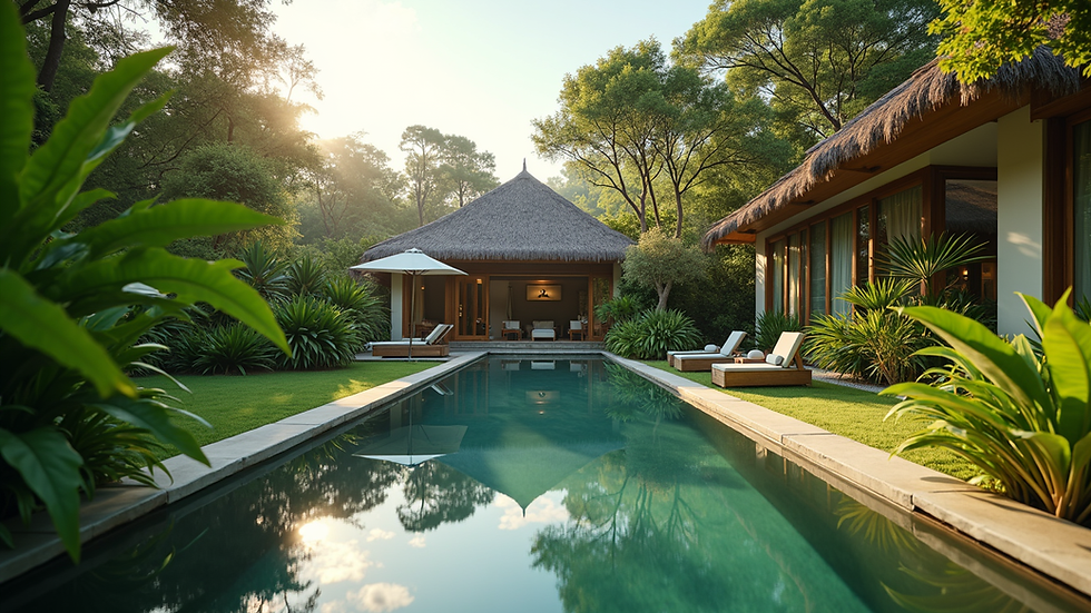 Eye-level view of a luxurious eco-friendly villa surrounded by lush greenery