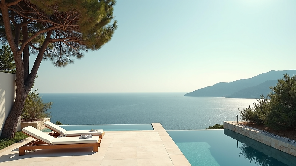 Eye-level view of a luxurious villa terrace overlooking the Mediterranean Sea
