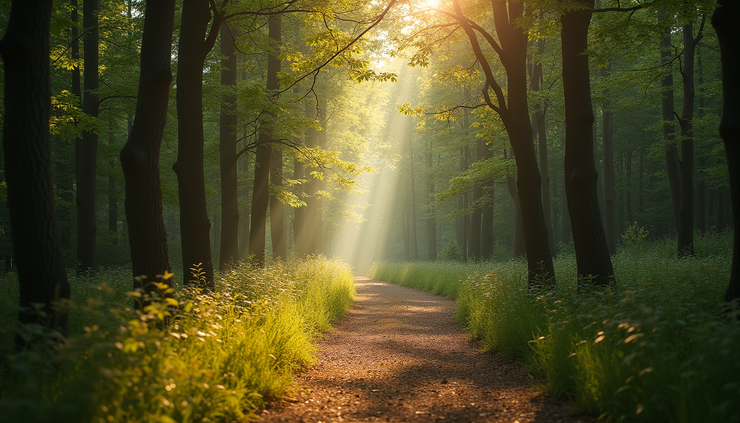 Eye-level view of a winding forest path with sunlight filtering through the trees