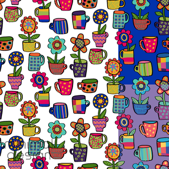 Whimsical cups and mugs with flowers surface pattern design