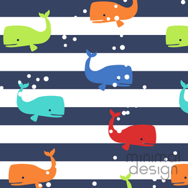 Whimsical whales on horizontal stripe surface pattern design