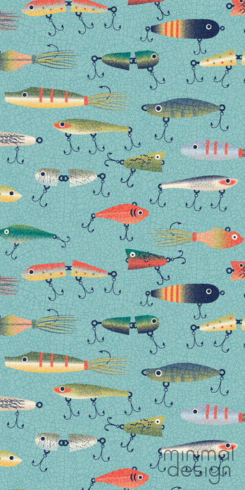 colorful vintage fishing lures with treble hooks on opal green with a cracked paint texture, repeating surface design pattern.