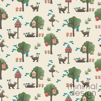 Seamless pattern with cats, trees, and birdhouses on cream background in whimsical nature style.