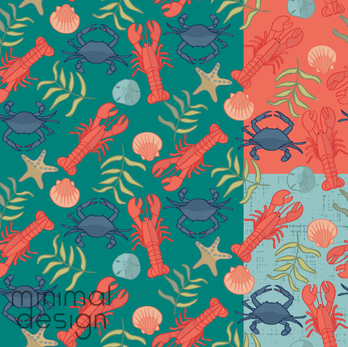 Lobsters and crabs with sand dollars and seaweed surface pattern design