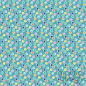 aqua teal pattern with small scattered multicolor bubble dots outlined in white