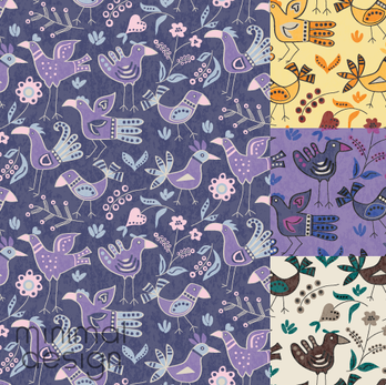 Surface pattern design of tribal birds and flowers