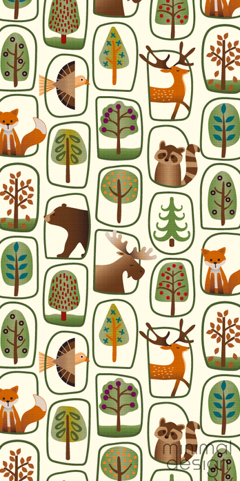 Repeating woodland animal print with fox, deer, moose, raccoon, bear, and stylized trees on cream background.