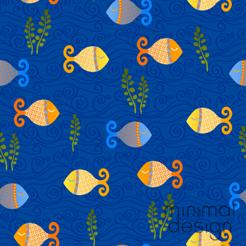 Seamless ocean pattern with colorful fish, seaweed, and swirling waves in blue, orange, and yellow tones, coastal design.