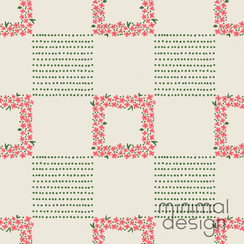 Cream background gingham pattern with coral flower square frames and green dotted details.