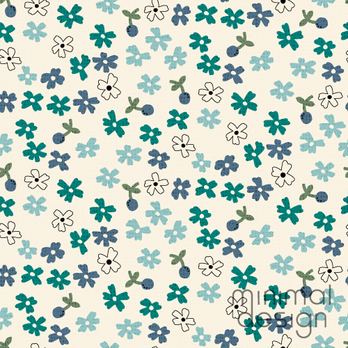 Cream background with blue and teal flowers and small blue berries repeating pattern design.