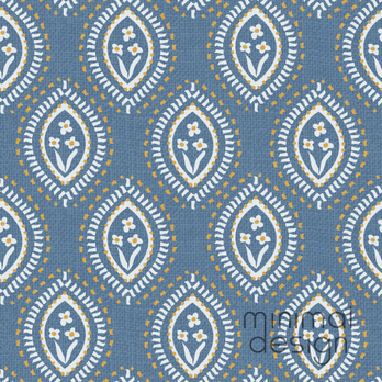 Blue repeating pattern with white floral medallions and yellow stitched outlines in leaf shapes.