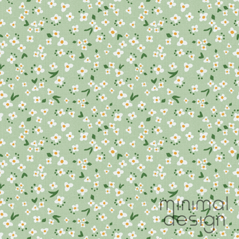 Surface pattern featuring tiny white and yellow daisies with green leaves scattered over pale green background.