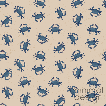 navy blue crabs scattered on sandy beige with subtle speckles neutral coastal pattern