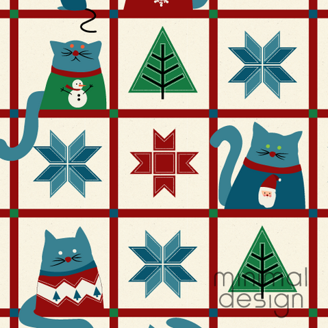Seamless Christmas cat pattern with sweaters,  and quilt star blocks on cream background.