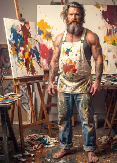 A man wearing a paint splattered apron and jeans standing in a messy art studio.