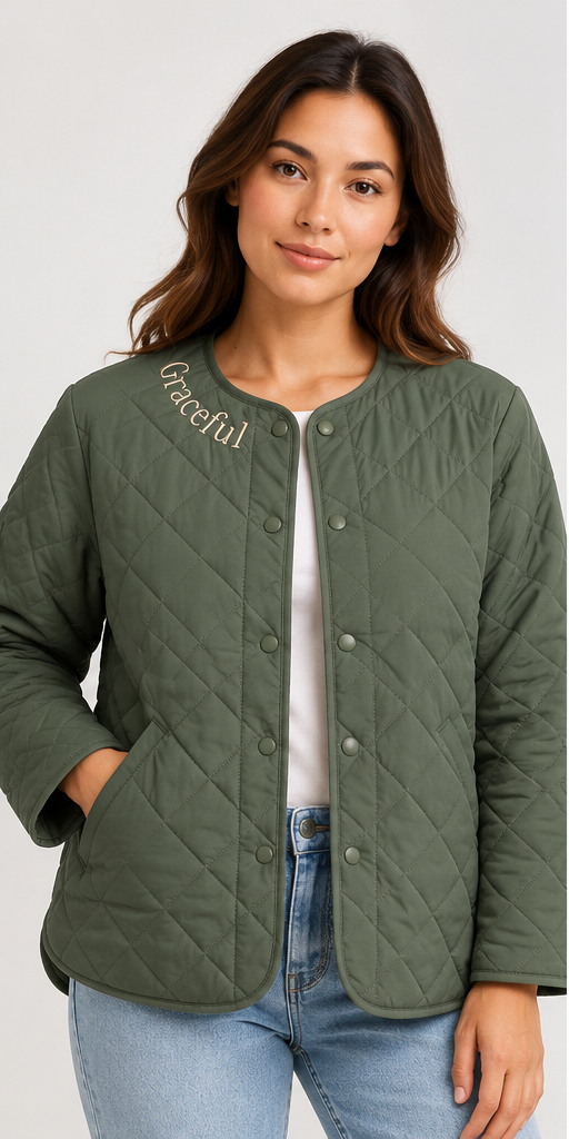 Personalised women’s quilted jacket in Cypress with neckline embroidery