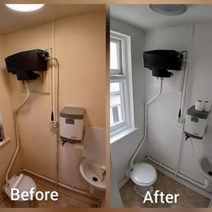 a split  before-and-after of renovated toilet room in a Hastings rental property, The left side shows  worn, stained walls and peeling woodwork with holes. The  right side shows the completed transformation:  Walls repaired with toupret interior filler and  finnished with brilliant white  Crown Clean Extreme stain -resistant scrubbable matt emulsion, paired with woodwork coated with brilliant white dulux trade undercoat and  durable satinwood for clean and modern look