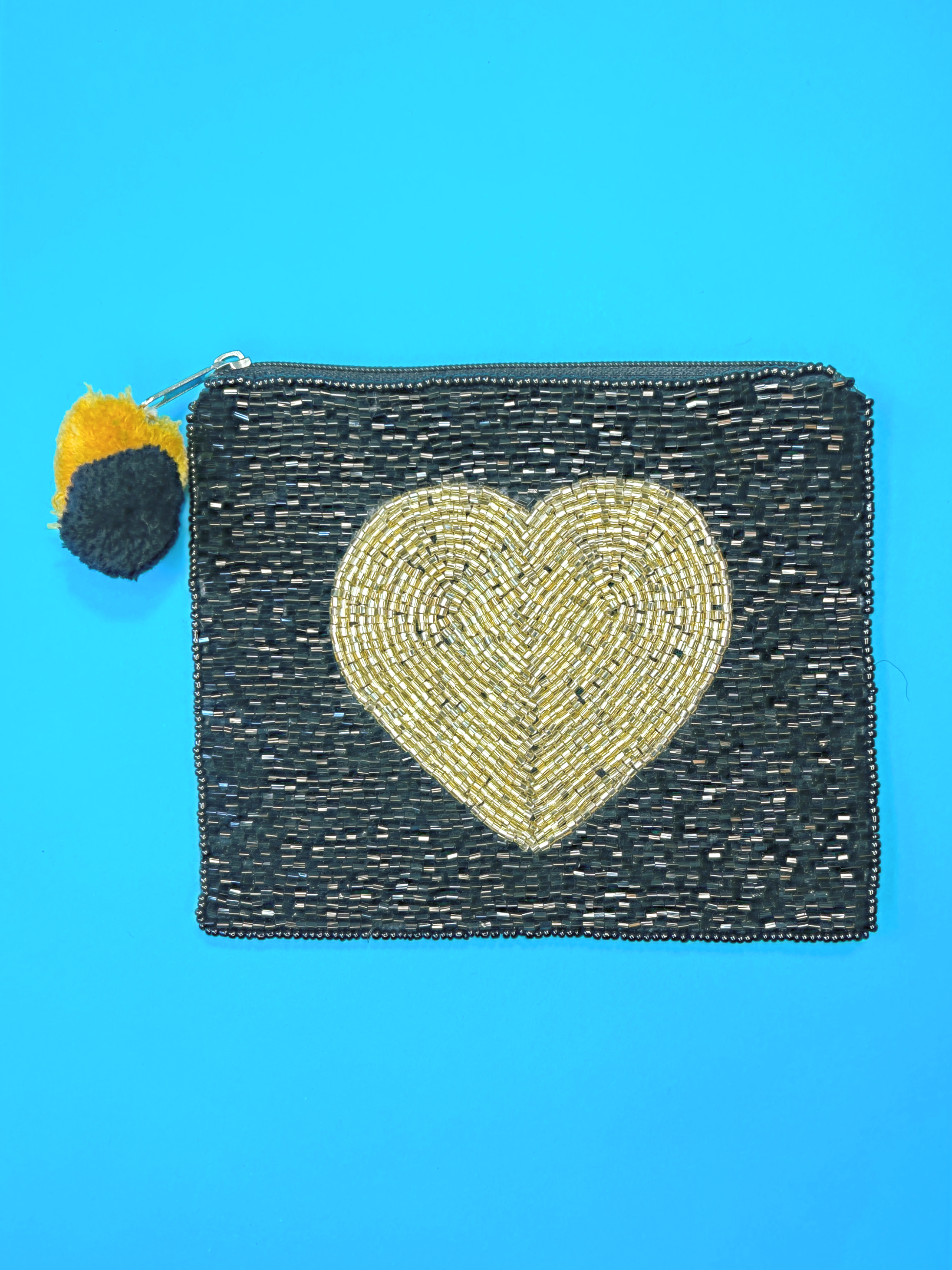 Black with Gold Heart Beaded Pouch